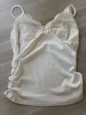 Y2K Lace-Trimmed Ribbed Cami Side Ruching White Tank Top size L